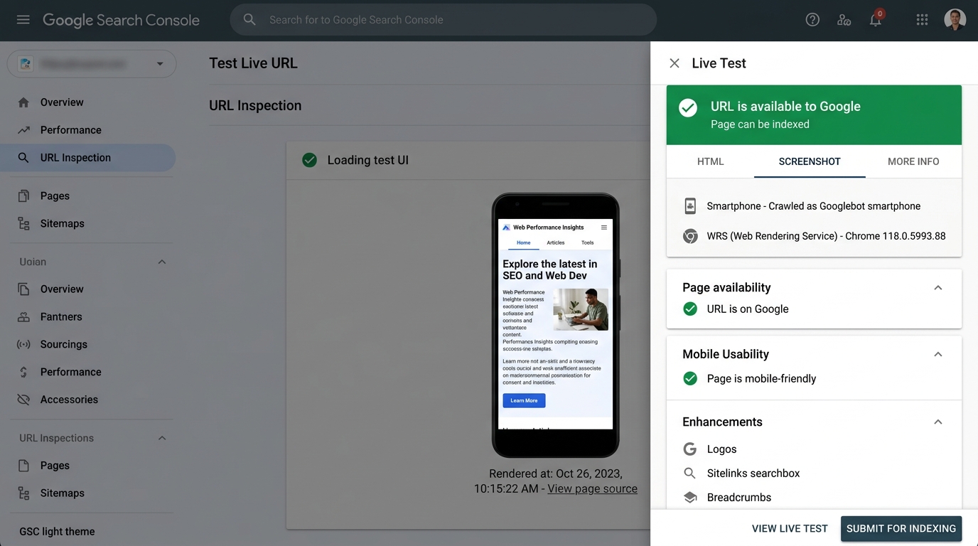 Google Search Console URL Inspection Live Test Results Drawer